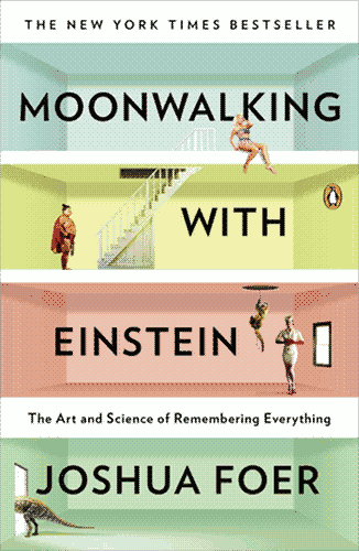 “Moonwalking with Einstein” cover, featuring a four – story house interior with different – coloured wallpapers featuring stock photo characters standing about.