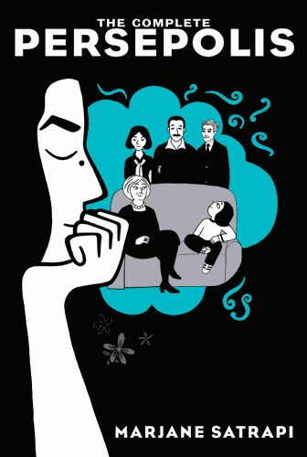 “Persepolis” cover, featuring a headshot of Marjane Satrapi looking contemplative in front of her family.