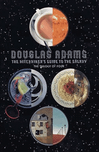 The cover of a four – of edition of “The Hitchhiker’s Guide to the Galaxy” series. It features a starry backdrop with 8 objects cut in half within 4 different circles.