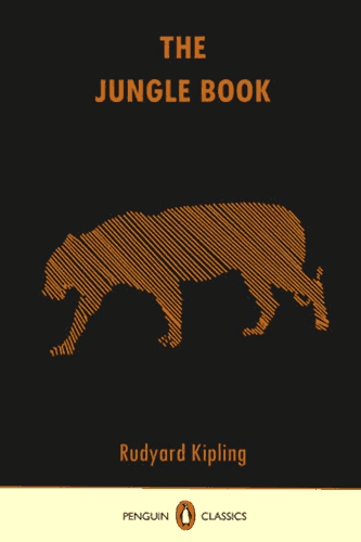 “The Jungle Book” cover, a black field with an abstract representation of a tiger composed of thin diagonal orange stripes.