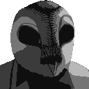 Rasmus, an owl creature from “Hotline Miami”, in sinister light wearing a tuxedo and dead, empty eyes.